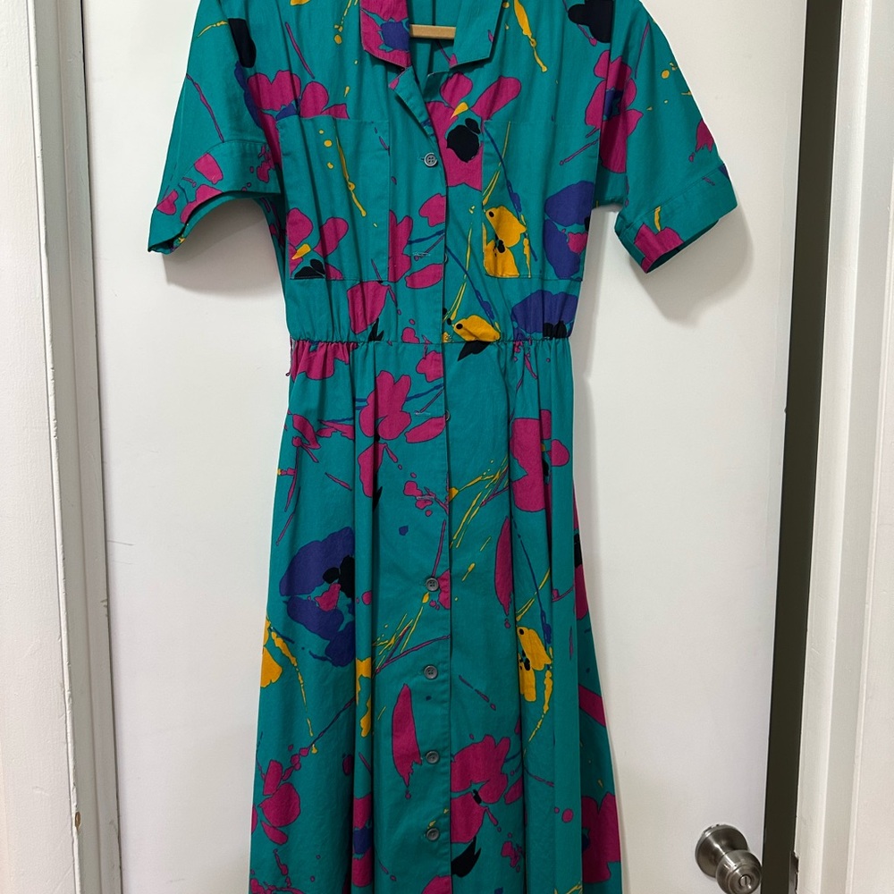 Vintage Melissa Teal and Pink Floral Midi Dress